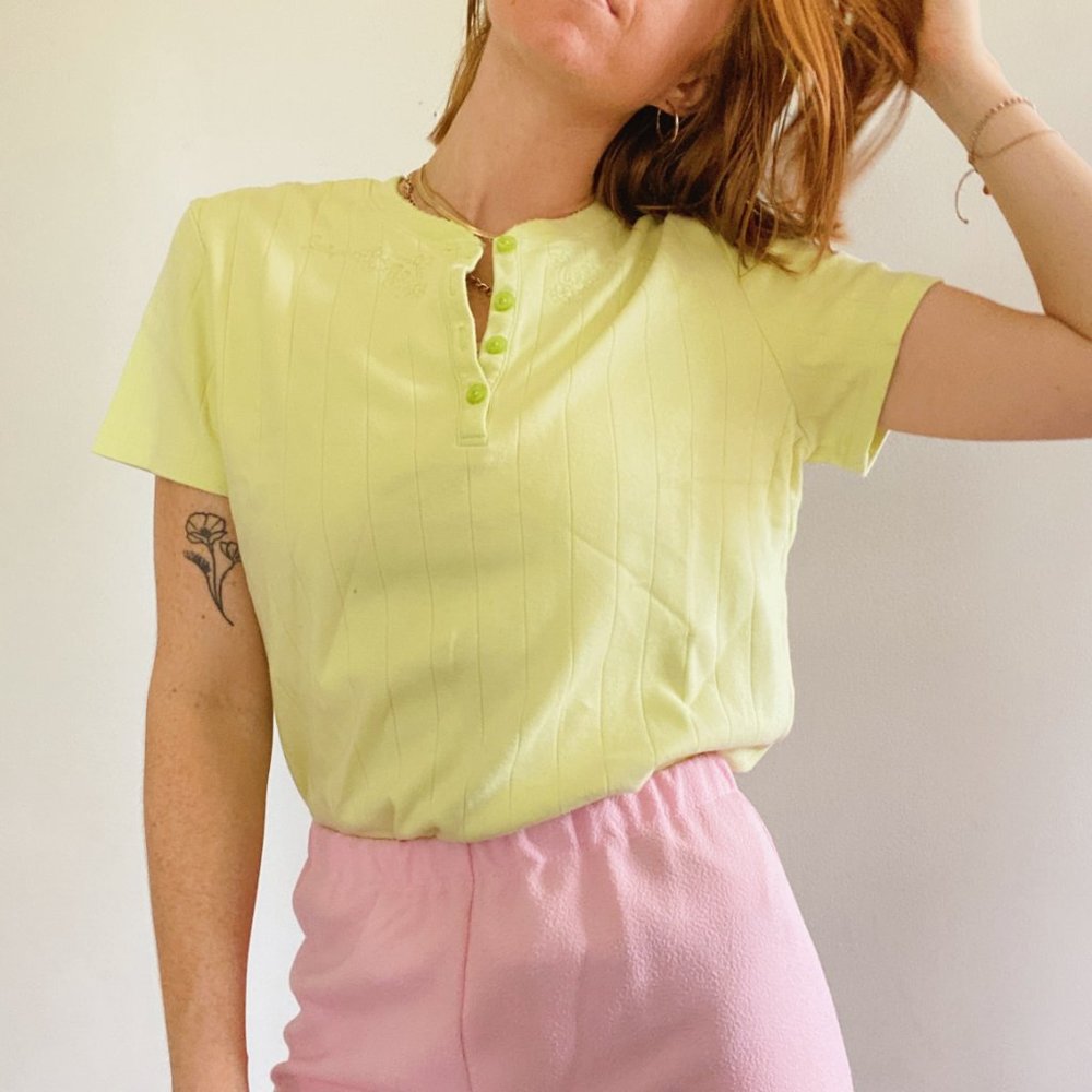 Basic Editions Lime Green Ribbed Embroidered Top - image 2